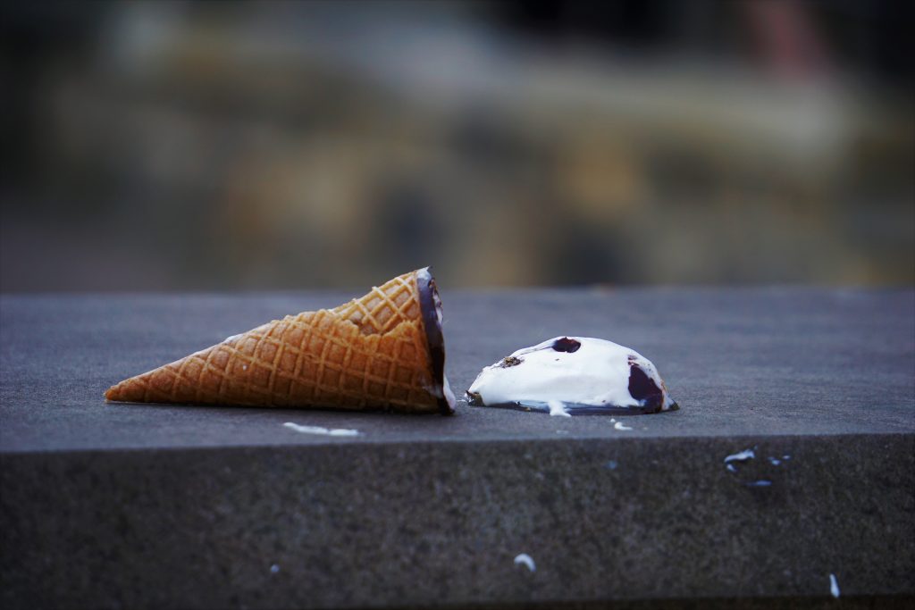 Ice cream falls apart and is left to melt